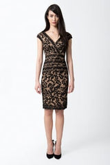 Embroidered Lace V-Neck Dress with Banded Lace Detail in Black / Nude