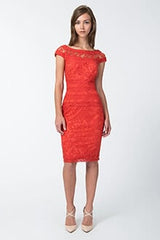 Embroidered Banded Lace Cap Sleeve Sheath Dress in Tango