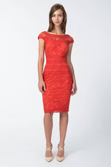 Embroidered Banded Lace Cap Sleeve Sheath Dress in Tango