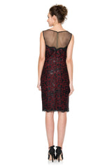 Paillette Embroidered Animal Print Lace and Tulle Neckline Dress in Black / Flame