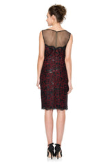 Paillette Embroidered Animal Print Lace and Tulle Neckline Dress in Black / Flame