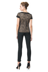 Embroidered Lace Cap Sleeve Top in Black / Nude