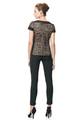 Embroidered Lace Cap Sleeve Top in Black / Nude