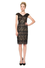 Chantilly Lace Scallop V-Neck Dress in Black / Nude