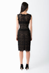 Chantilly Lace Boatneck Sheath Dress in Black / Nude