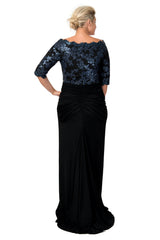 Sequin Lace Asymmetric Gown in Prussian Blue / Black