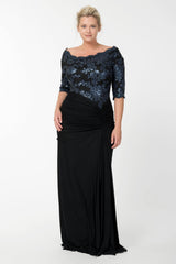 Sequin Lace Asymmetric Gown in Prussian Blue / Black