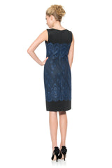 Neoprene and Metallic Lace Sheath Dress in Dusty Navy / Black
