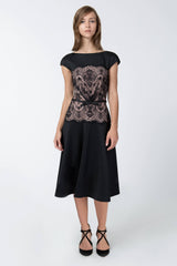 Neoprene and Lace Overlay A-Line Dress in Black / Pale Pink