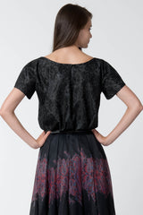 Bonded Lace and Chiffon Short Sleeve Top in Black