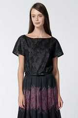 Bonded Lace and Chiffon Short Sleeve Top in Black