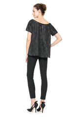 Bonded Lace and Chiffon Short Sleeve Top in Black