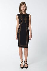 Foil Print Banded Boatneck Dress in Black / Copper