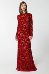 Cut Velvet Long Sleeve Blouson Back Gown in Carmine