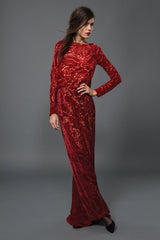 Cut Velvet Long Sleeve Blouson Back Gown in Carmine