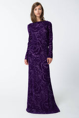Cut Velvet Long Sleeve Blouson Back Gown in Deep Amethyst