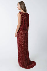 Cut Velvet Blouson Back Gown in Carmine