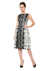 Neoprene Bell Dress with Embroidered Tulle Overlay