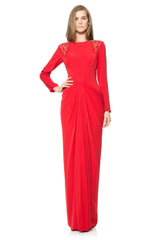 Crepe Long Sleeve Gown with Shoulder Lace Insets