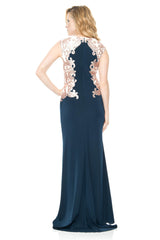 Crepe Boatneck Gown with Metallic Paillette Detail