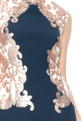 Crepe Boatneck Gown with Metallic Paillette Detail