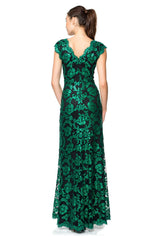 Paillette Embroidered Lace Scalloped V-Neck Gown
