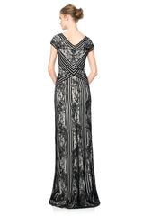 Stripe Knit and Floral Lace Cap Sleeve Gown