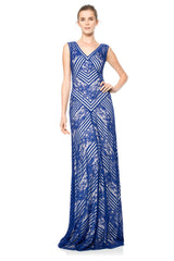 Stripe Knit and Floral Lace V-Neck Gown