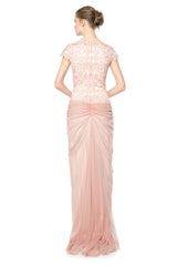 Laser Cut Embroidery Draped Tulle Gown