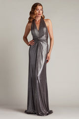 Mona Pleated Metallic Halter Gown