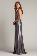 Mona Pleated Metallic Halter Gown