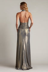 Mona Pleated Metallic Halter Gown