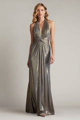 Mona Pleated Metallic Halter Gown