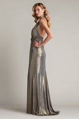 Mona Pleated Metallic Halter Gown