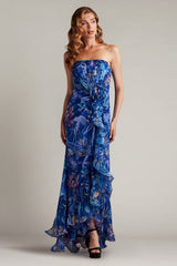 Morwenna Oceanic Print Ruffle Gown