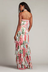Somaya Floral Print Fringe Gown