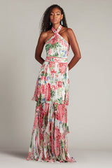 Somaya Floral Print Fringe Gown