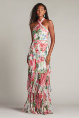 Somaya Floral Print Fringe Gown