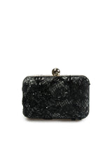 Beaded Lace Box Clutch in Black / Marble