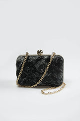 Beaded Lace Box Clutch in Black / Marble