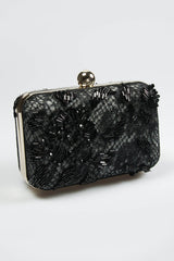 Beaded Lace Box Clutch in Black / Marble