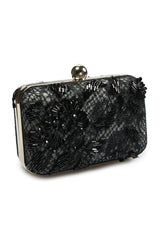 Beaded Lace Box Clutch in Black / Marble