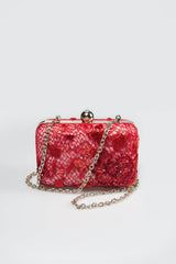 Beaded Lace Box Clutch in Carmine
