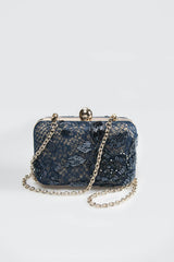Beaded Lace Box Clutch in Dusty Navy