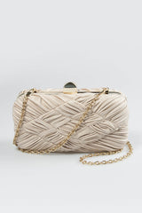 Woven Metallic Box Clutch in Natural
