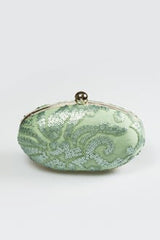 Paillette Embroidered Lace Oval Clutch in Celadon