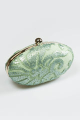 Paillette Embroidered Lace Oval Clutch in Celadon