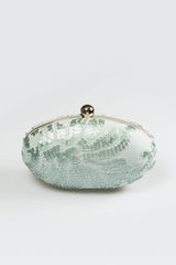 Paillette Embroidered Lace Oval Clutch in Ice