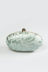 Paillette Embroidered Lace Oval Clutch in Ice