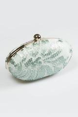 Paillette Embroidered Lace Oval Clutch in Ice